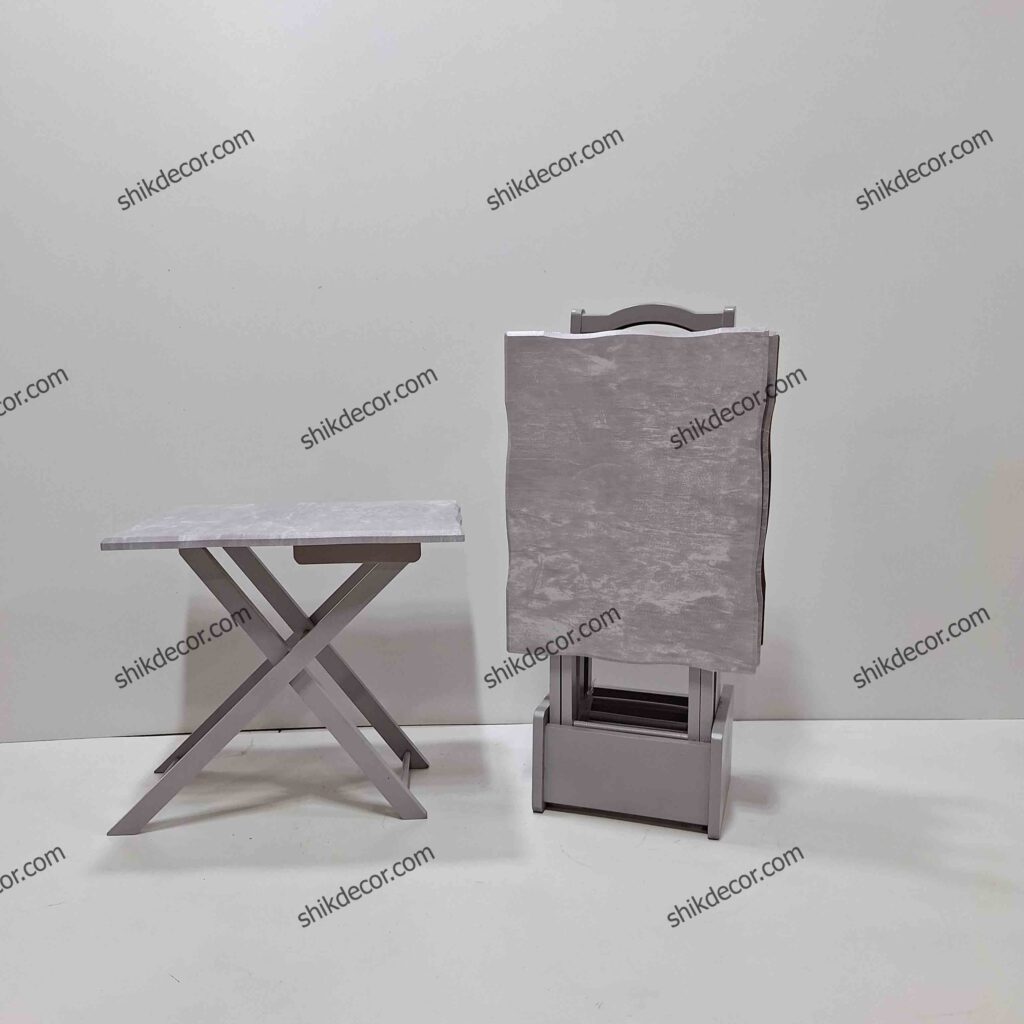 میز عسلی تاشو چمدانی وکیوم پایه چوبی طوسی روشن چهار عددی