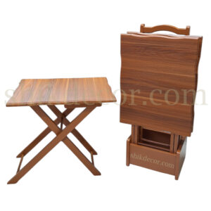 میز عسلی تاشو چمدانی وکیوم پایه چوبی قهوه ای روشن چهار عددی